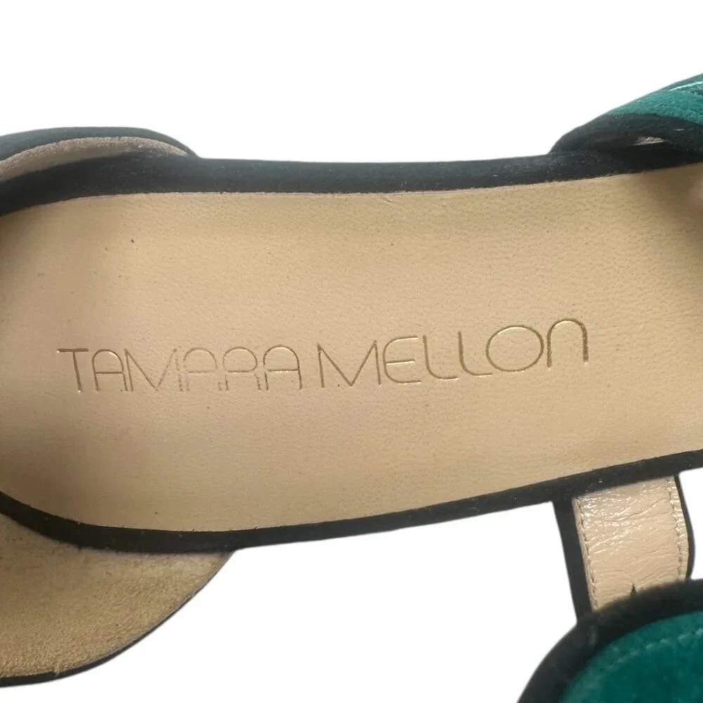 Tamara Mellon Black Suede Green Red White Laser Cut Straps Open Toe Heels Size 9